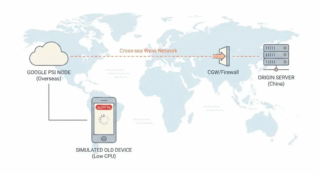 Network topology with weak connection simulation in Google PageSpeed Insights