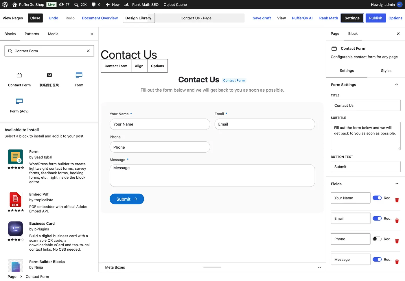 在页面里插入 PufferGo 的 Contact Form 区块,右侧是区块设置