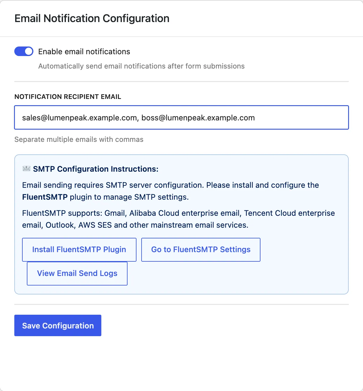 PufferGo → Settings → Email Notification Configuration:填写接收询盘通知的邮箱