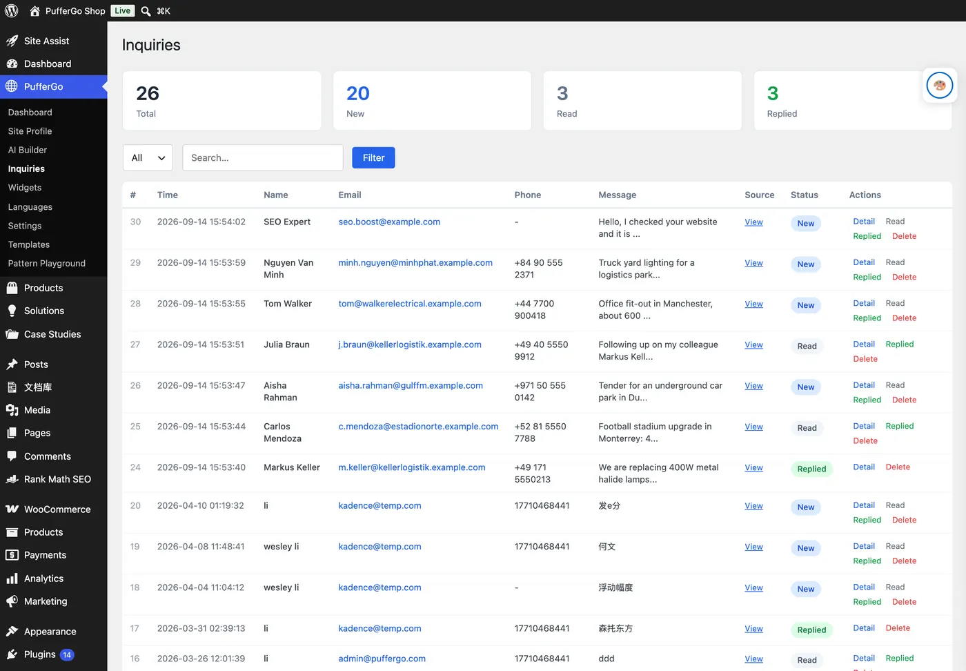 PufferGo → Inquiries 询盘列表:顶部统计四种状态