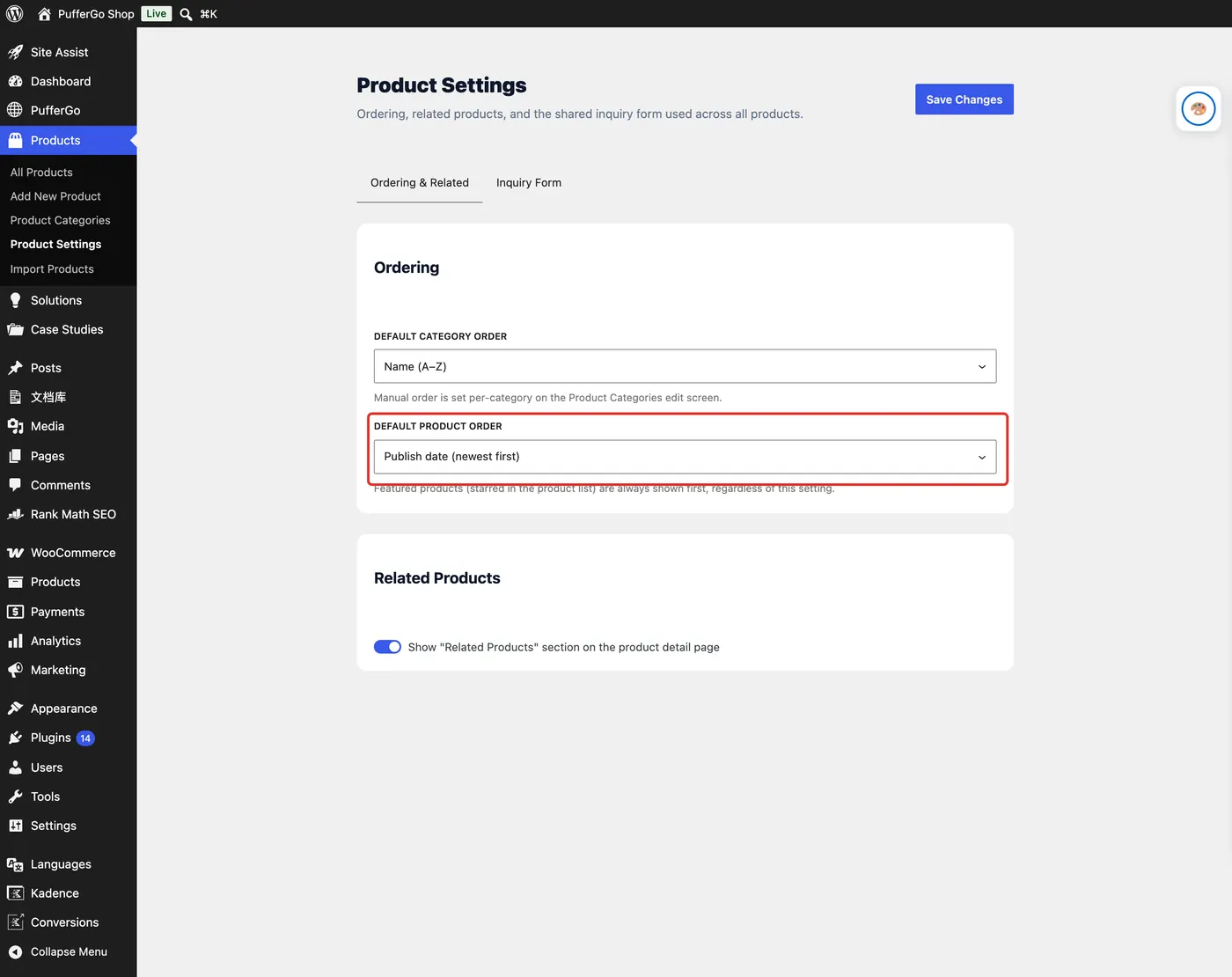 Product Settings → Ordering & Related:设置产品默认排序