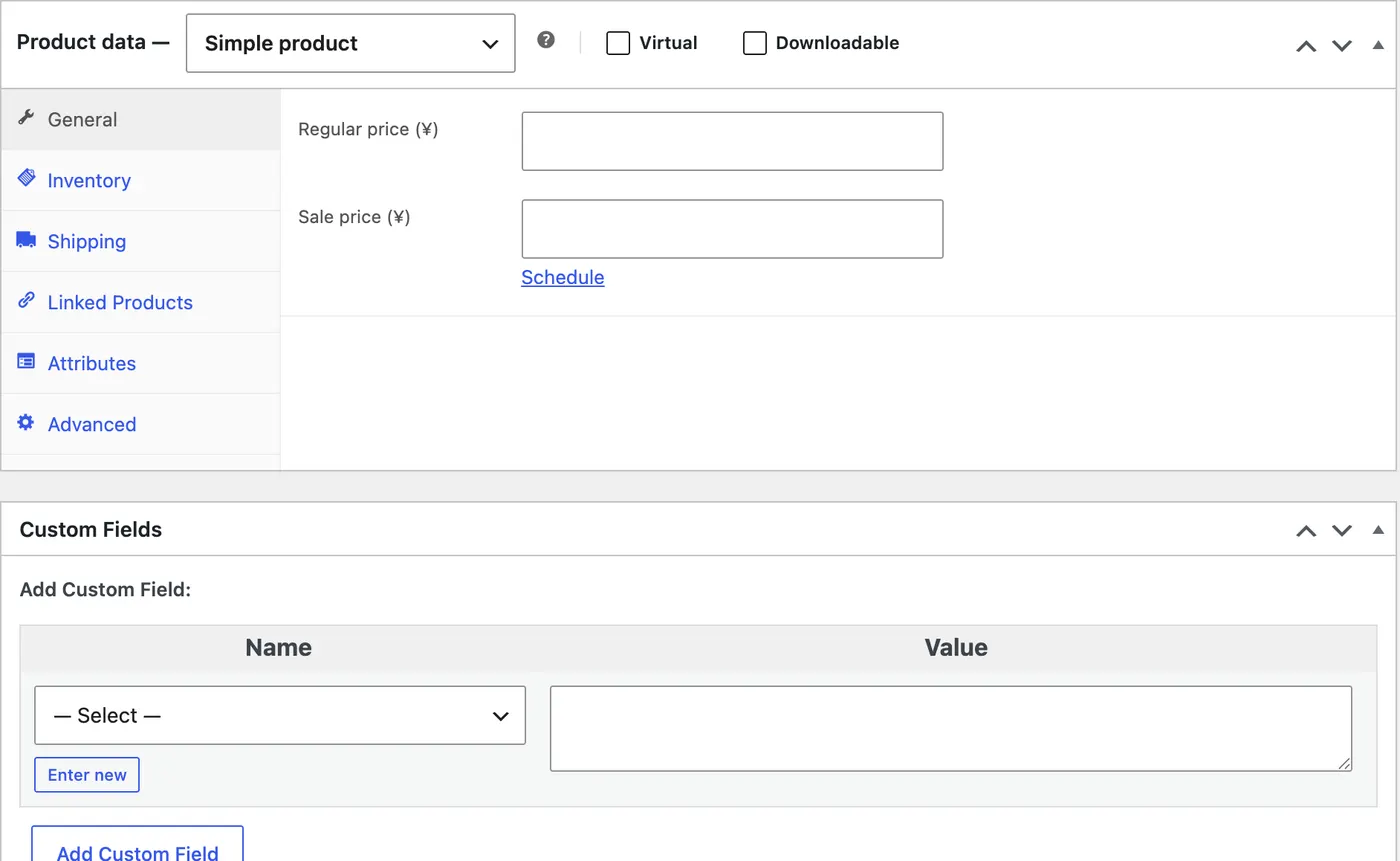 WooCommerce 的产品数据面板:价格只有原价和促销价两个数字框,起订量、交期没有地方填