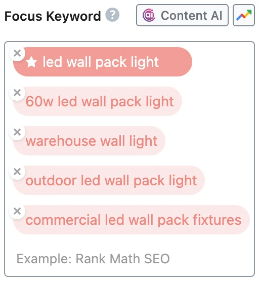 Rank Math 产品页 SEO 面板的 Focus Keyword：核心关键词和长尾关键词已填入